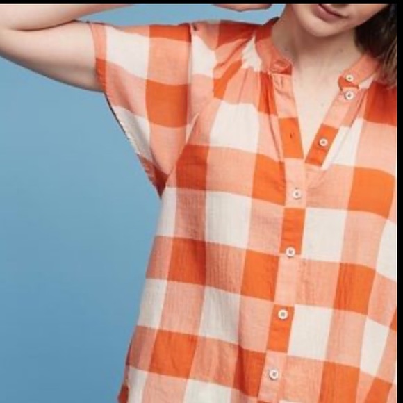 Anthro Maeve Blouse gingham/Plaid Orange Wht Sz M - Picture 3 of 11